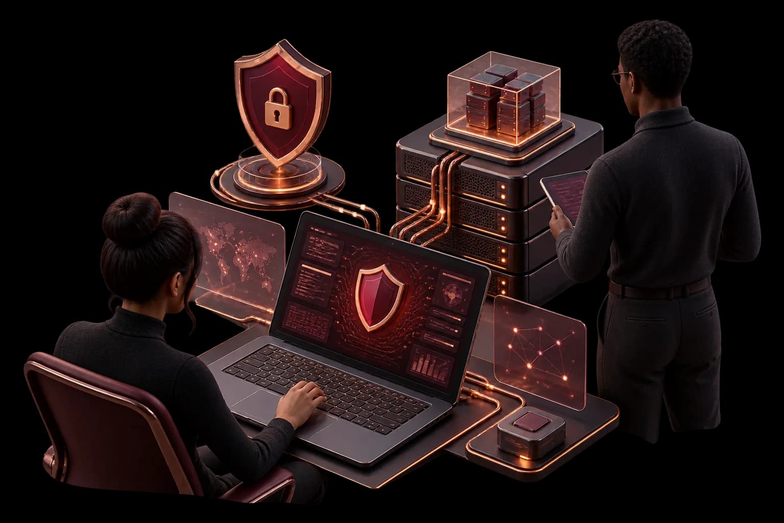 Cybersecurity team working around a protected security console