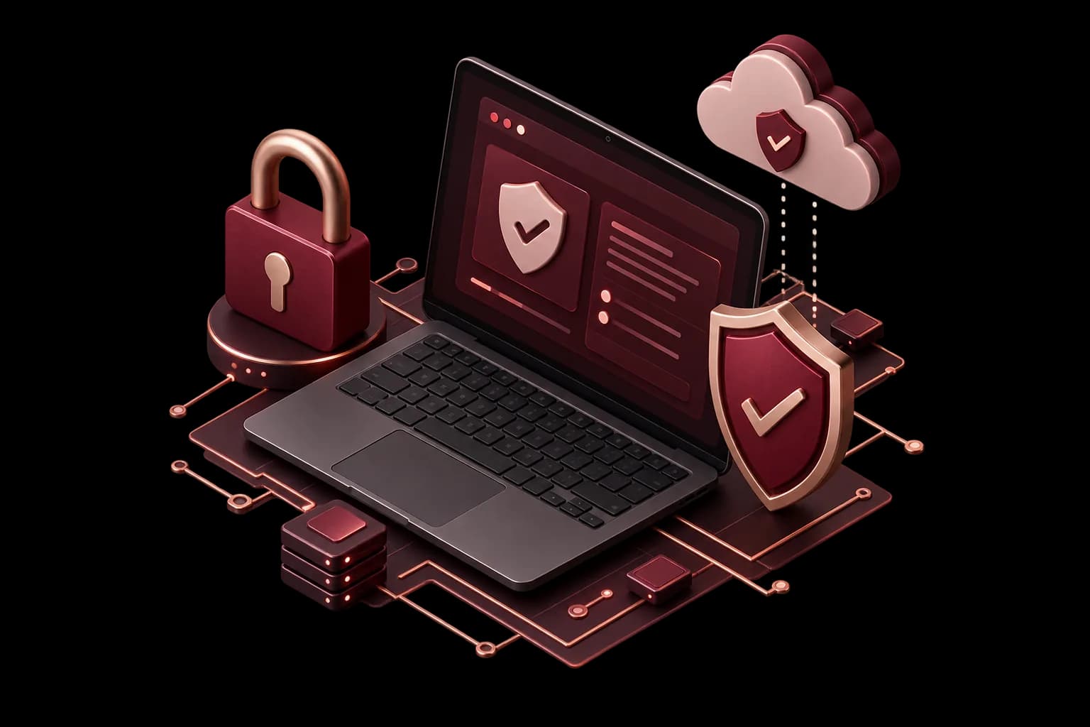 Isometric illustration of a secured laptop, padlock and shield