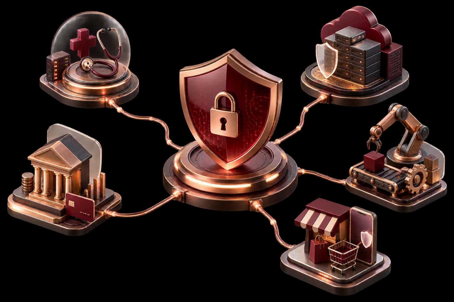 Security shield linked to healthcare, finance, cloud and retail systems
