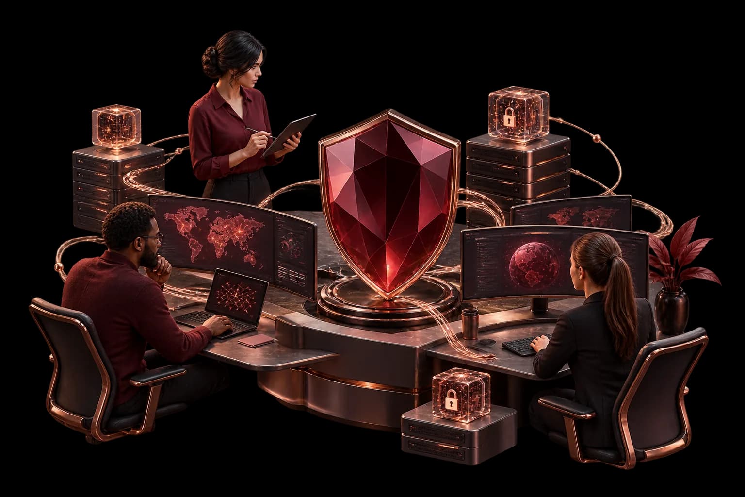Cybersecurity team collaborating around a protected security operations console