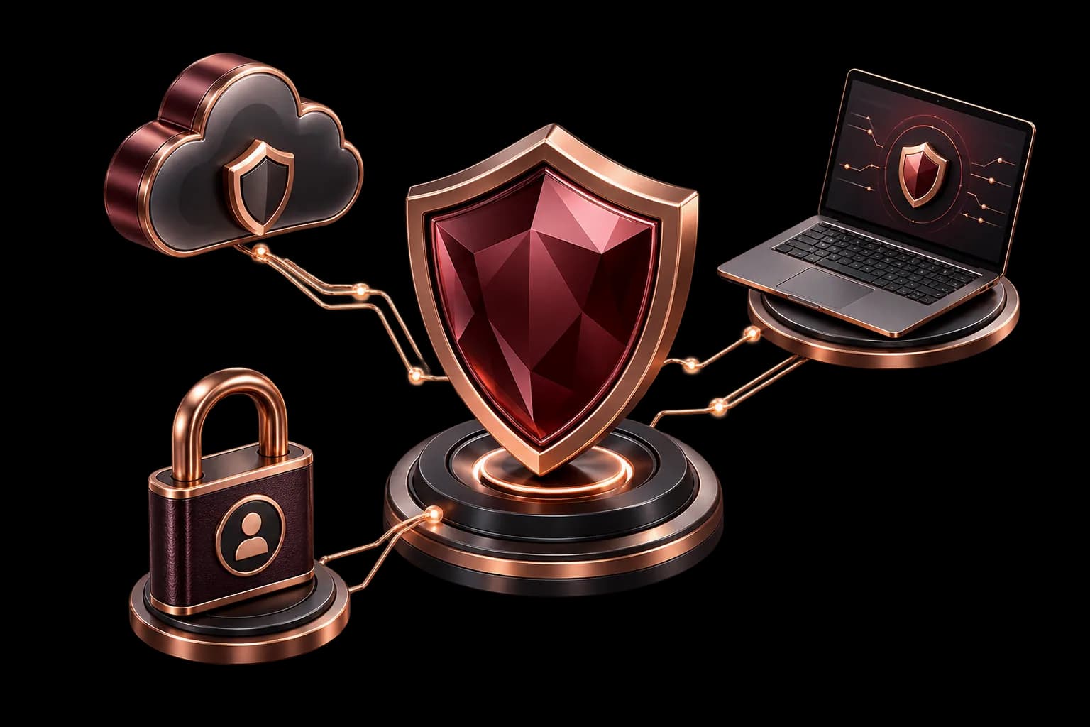 Illustration of a security shield, secure cloud and identity lock